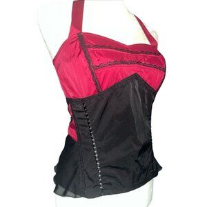 VTG Y2K Tripp NYC Red Black Lace Mesh Corset Halter Top Goth Rockabilly Emo Sz L